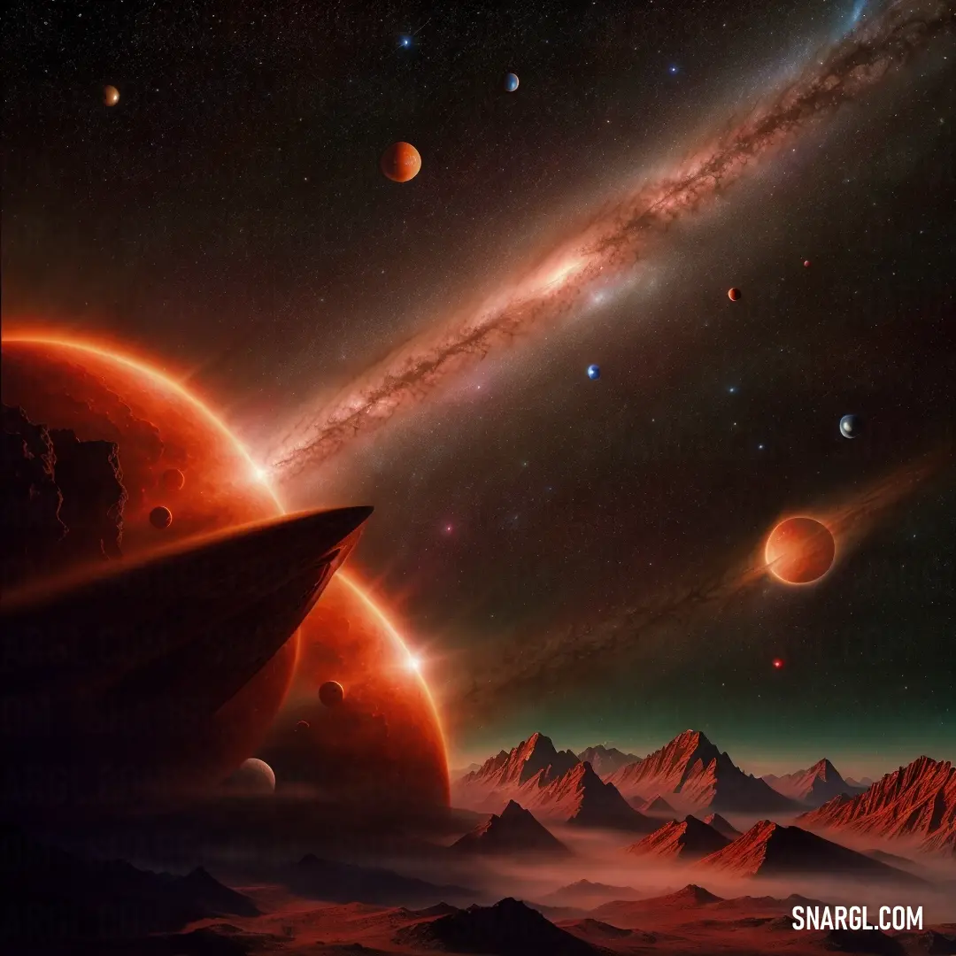 Painting of planets and a star in the sky with mountains in the background