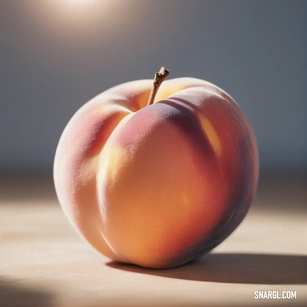 Peach on a table with a light shining on it's side and a shadow of the peach. Example of #CD5B45 color.