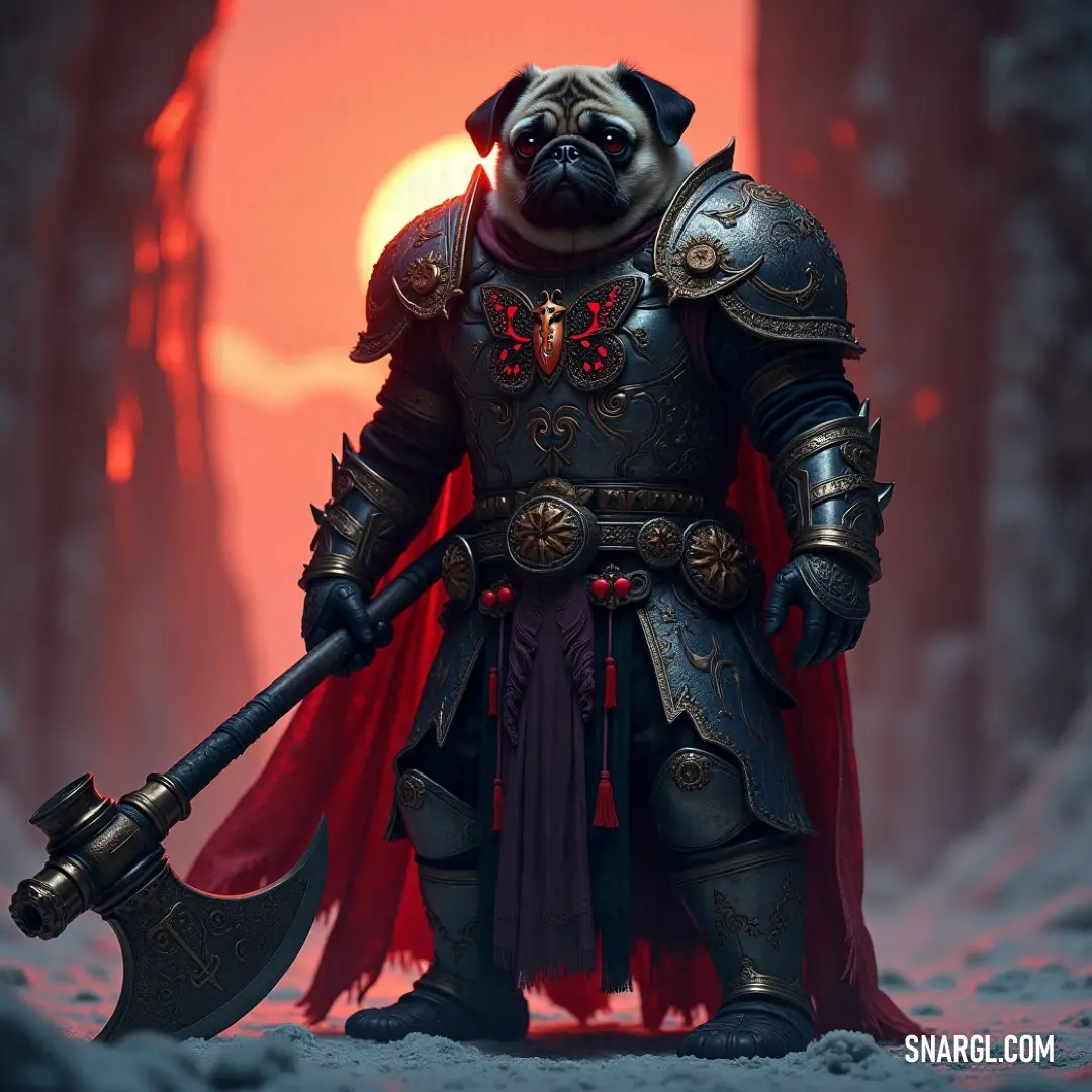 A valiant pug dons a set of glistening armor, wielding a formidable axe as it stands bravely in a snowy landscape. The sun casts a warm glow over the scene, combining cuteness and courage in an unexpected yet captivating heroic tableau.