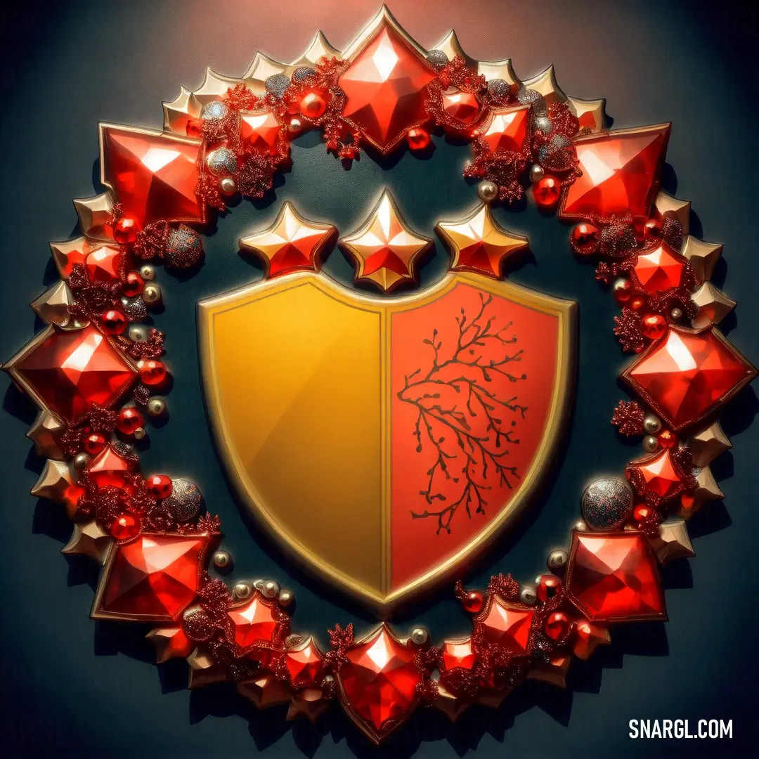 Red and gold shield with stars around it on a blue background with a red background and a red and gold shield with stars around it