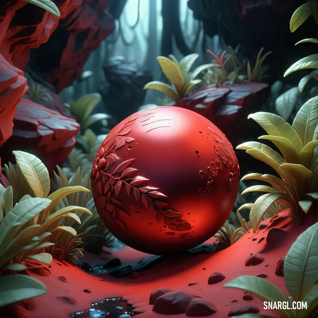 Red ball on top of a lush green forest filled with leaves and rocks. Example of Dark coral color.