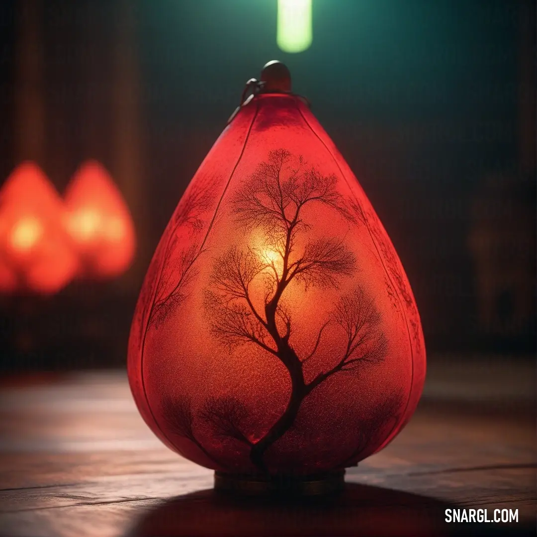 Red glass vase with a tree inside of it on a table with a green light behind it. Example of #CD5B45 color.