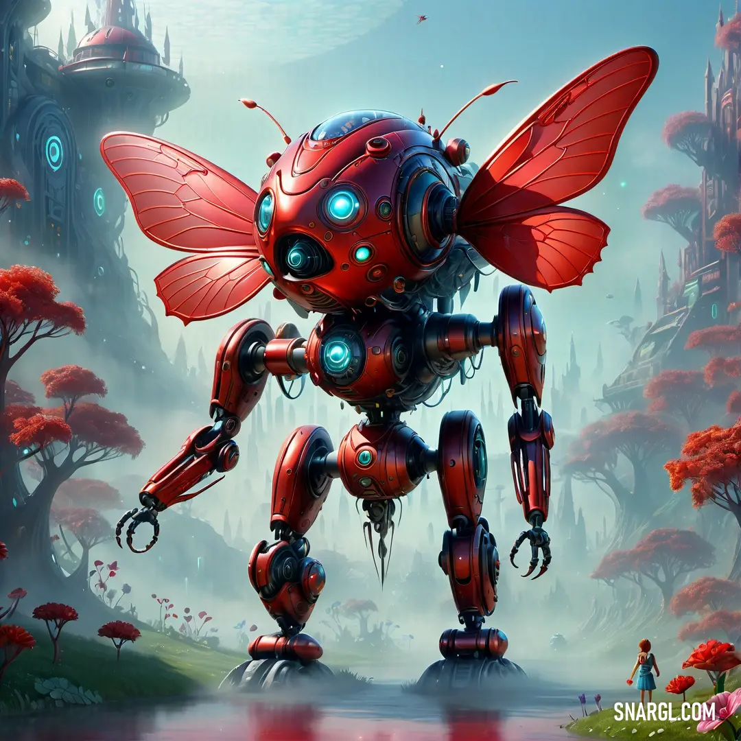 Dark coral color example: Red robot standing in front of a forest filled with trees and flowers