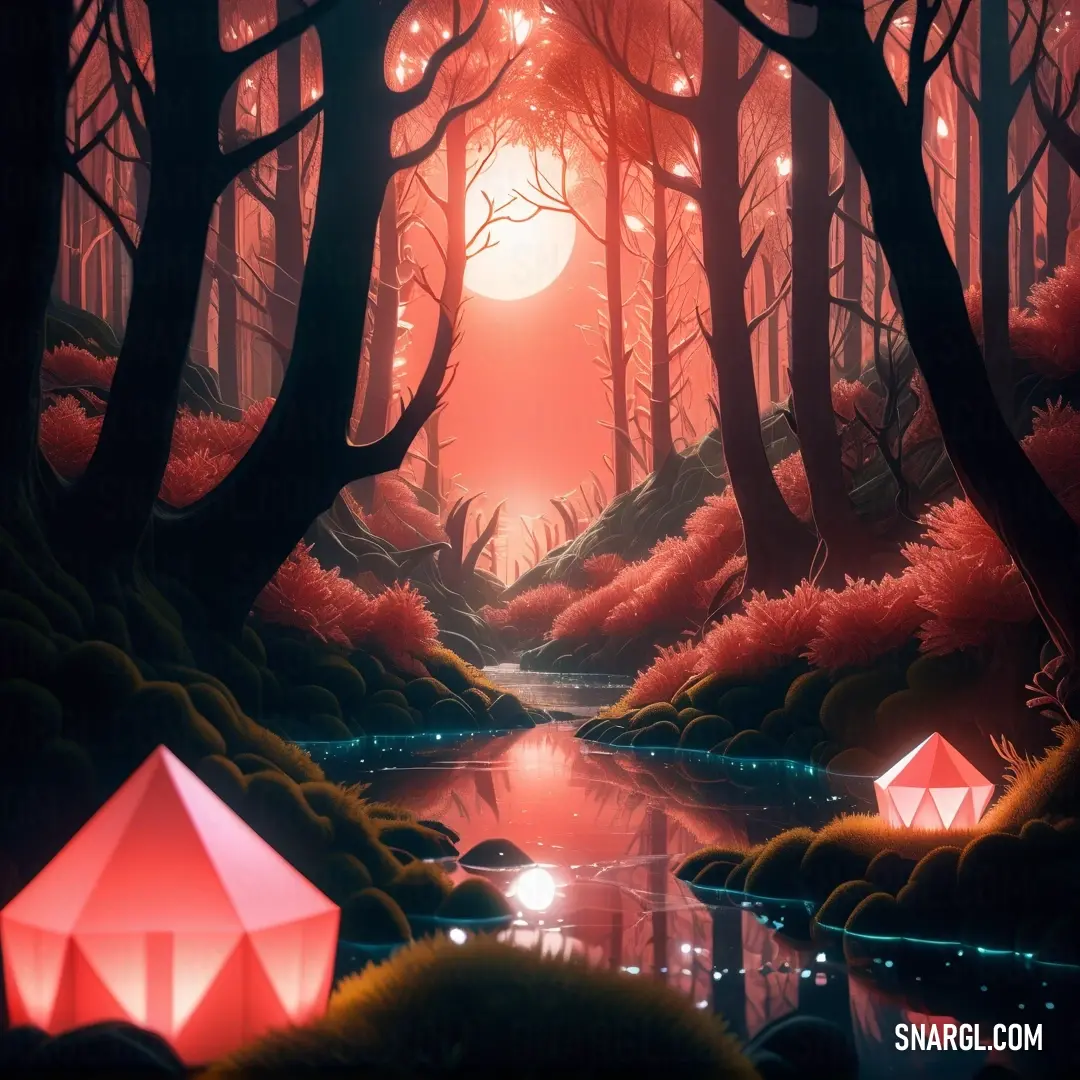 Red umbrella is in the middle of a forest with a stream and trees at night time. Example of #CD5B45 color.