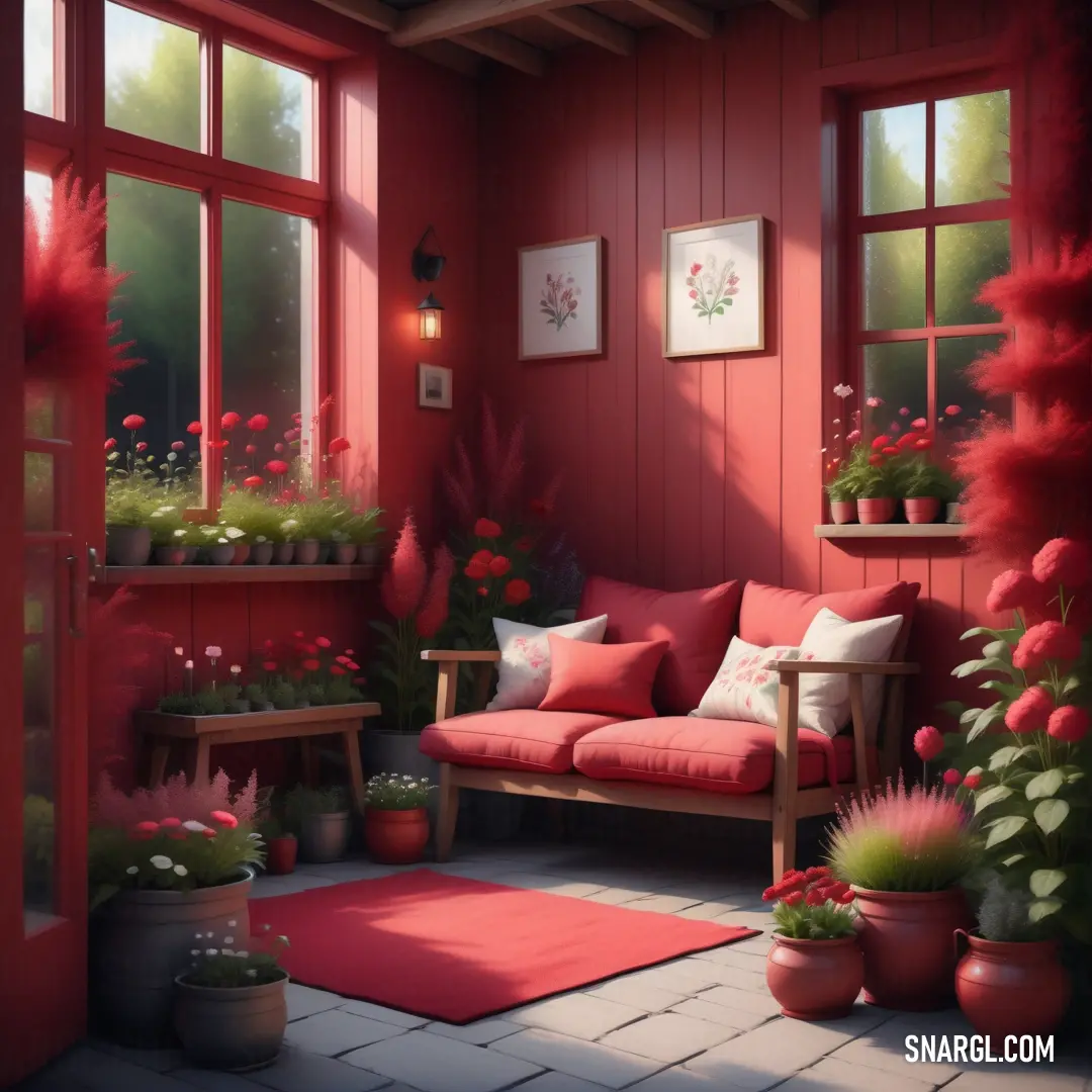Room with a red couch and a red rug and potted plants and a red rug on the floor. Example of Dark coral color.