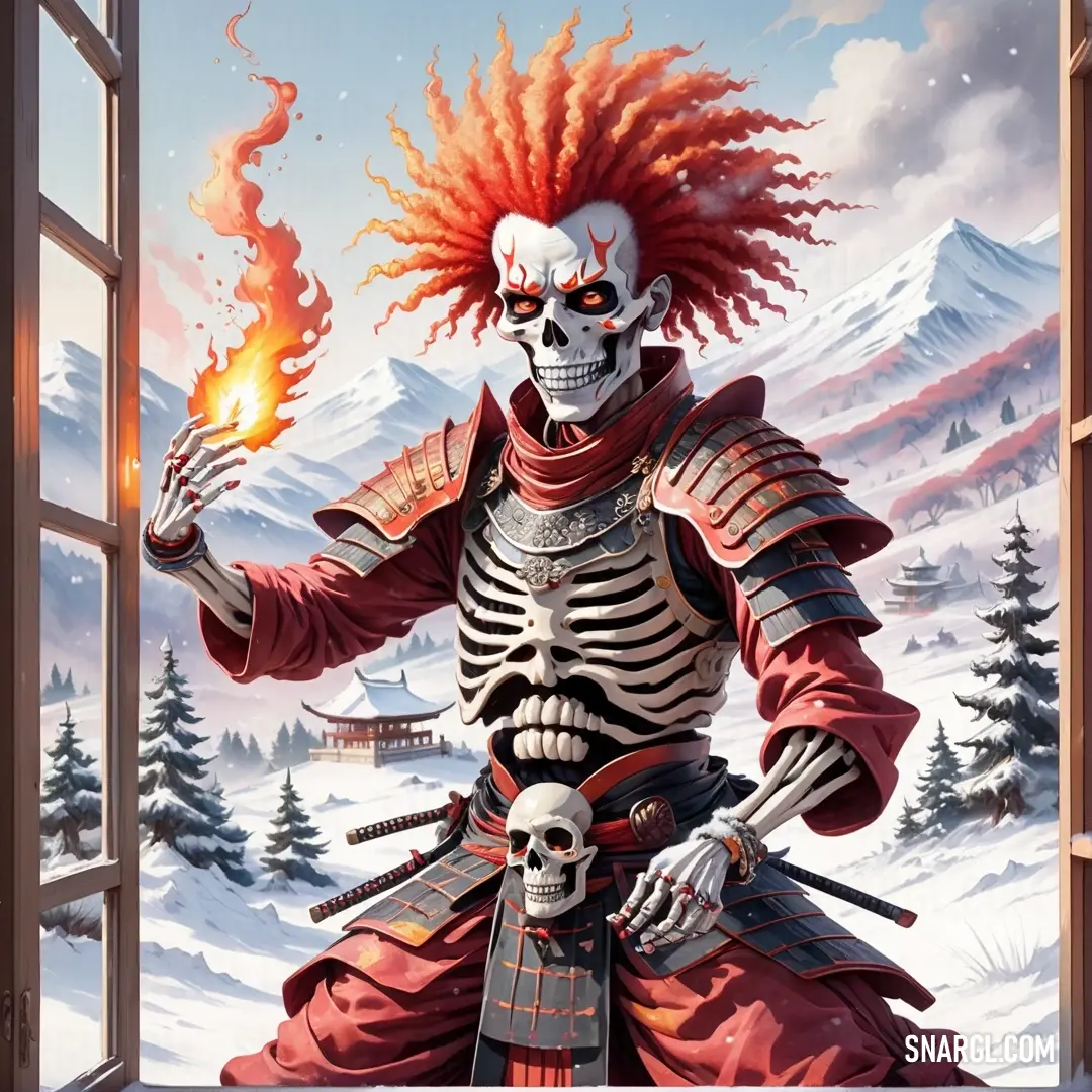 Skeleton dressed in a skeleton suit holding a fireball in front of a window with a snowy mountain background. Example of Dark coral color.