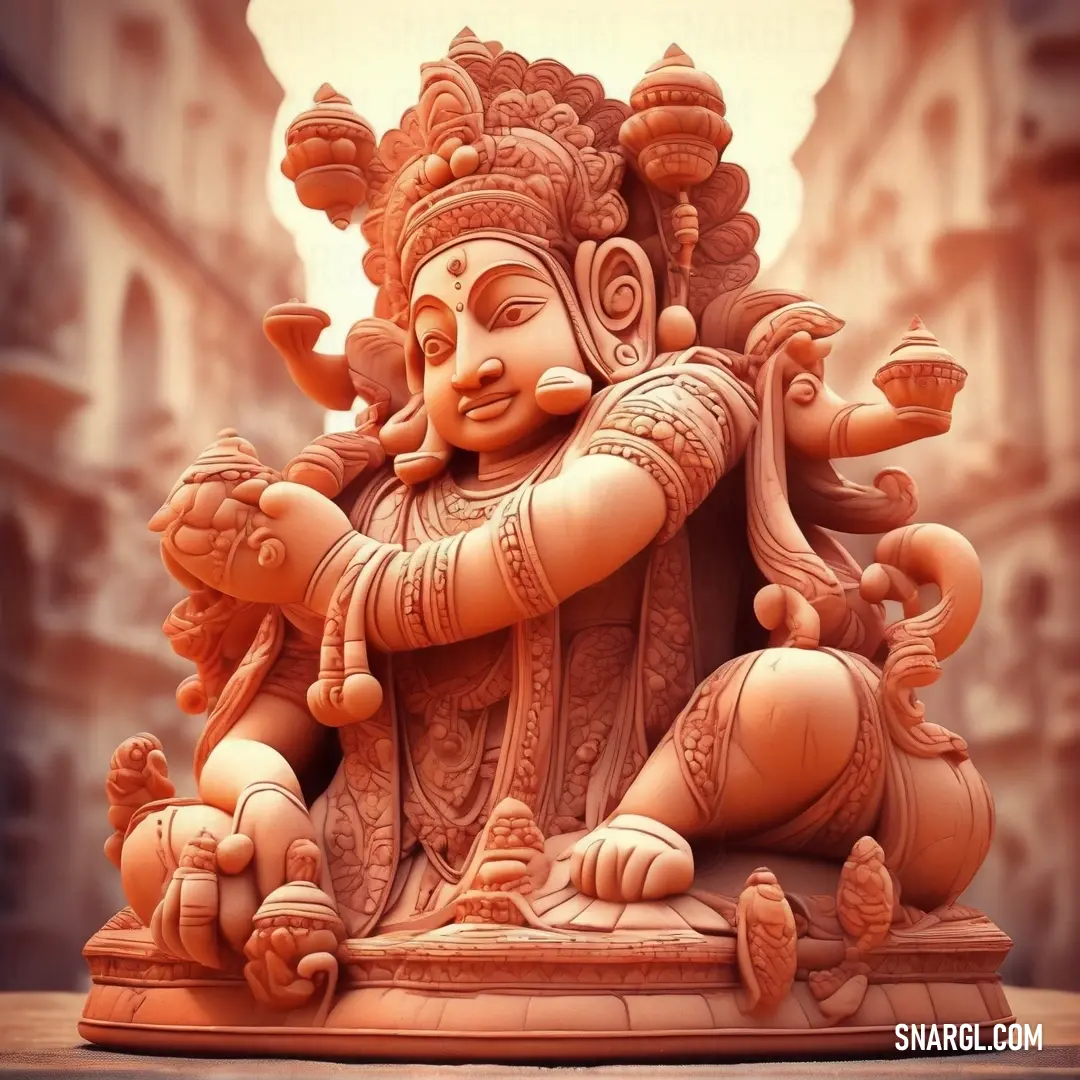 A majestic statue depicting a Hindu god with a fierce lion at his lap and a graceful bird perched on his shoulder, radiates strength and wisdom, adorned by the rich tones of dark coral in its surroundings.