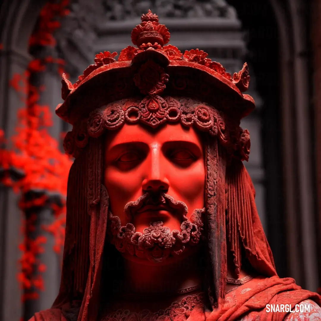 Statue of a man with a beard and a crown on his head and a red background behind him