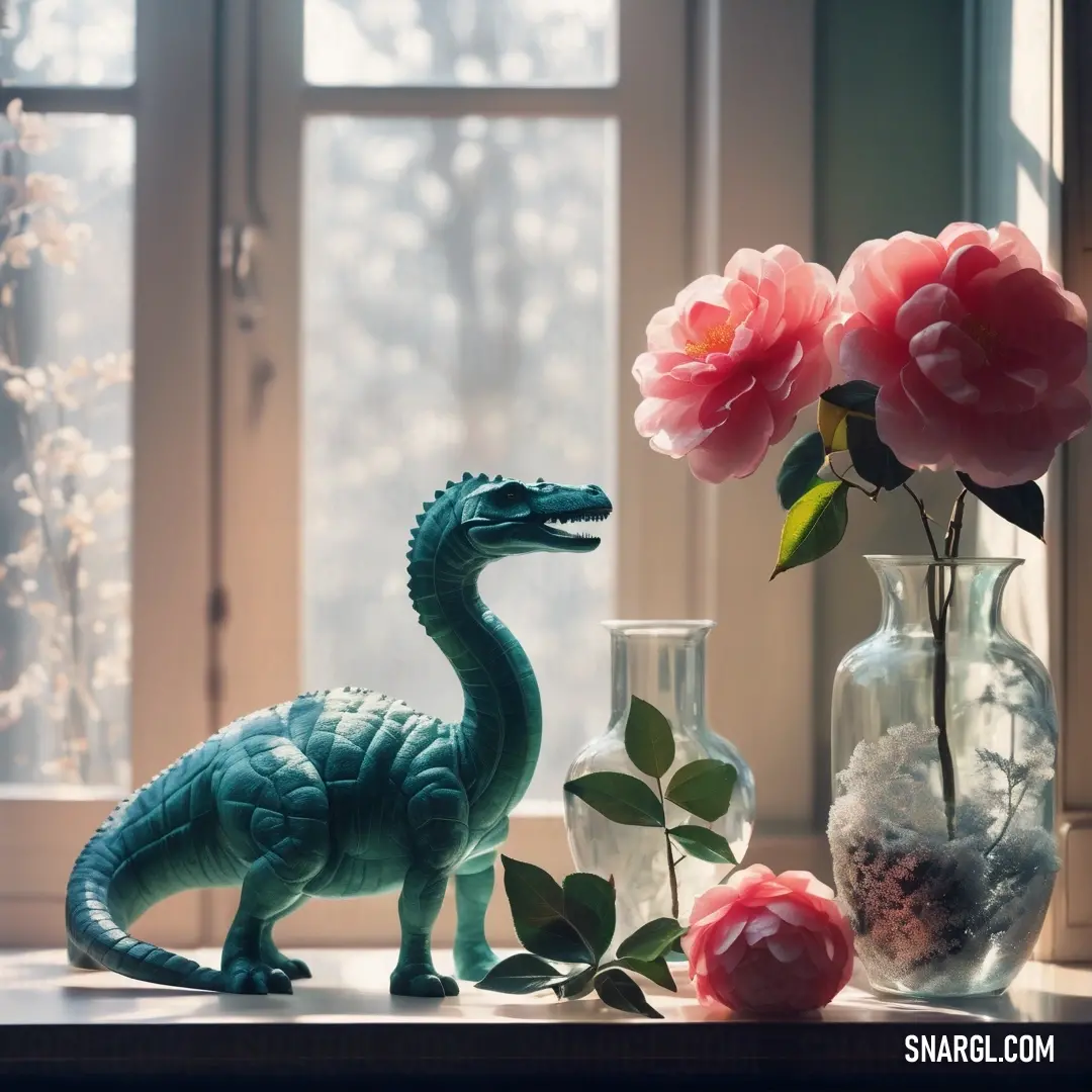 A playful toy dinosaur is perched next to a vibrant vase filled with blooming flowers, creating a whimsical scene in a cozy living space, illuminated by the warm hues of a setting sun.