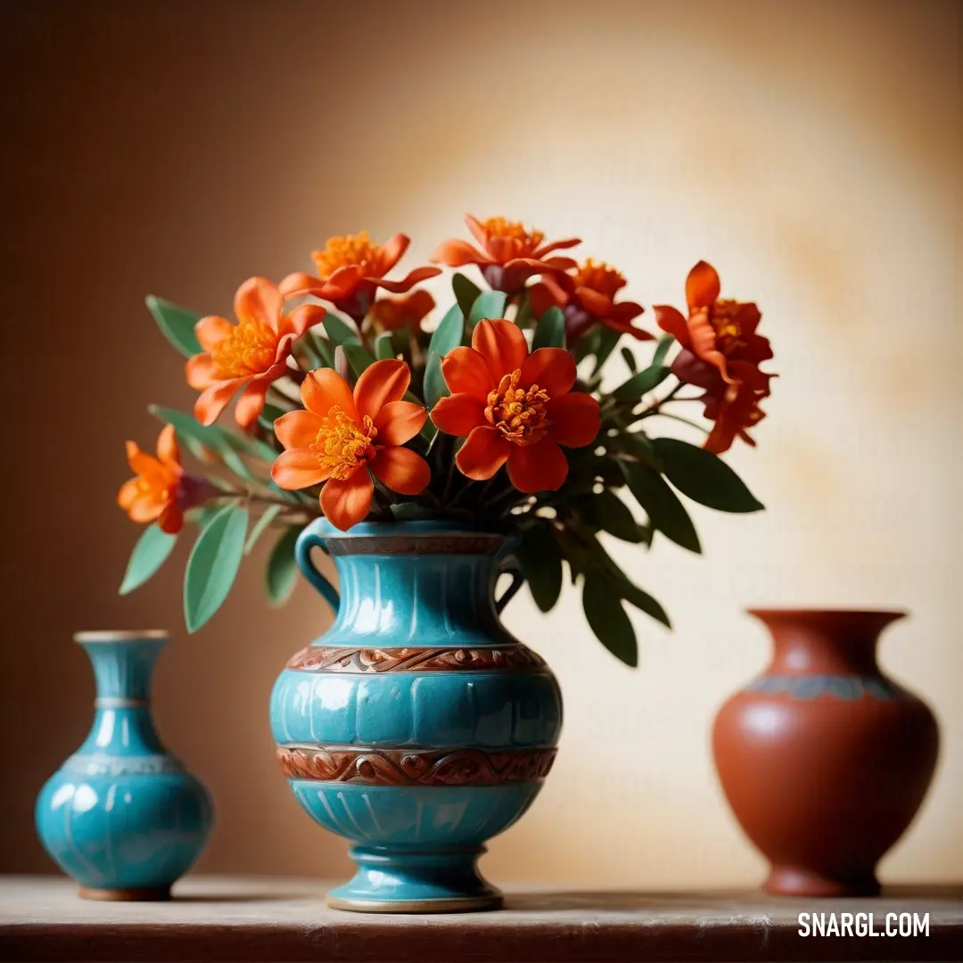 A dark coral vase, adorned with vibrant flowers, sits elegantly on a table next to two other vases, each with its own unique charm. The bright blooms contrast beautifully against the rich, warm hues of the vases, creating a stunning arrangement.