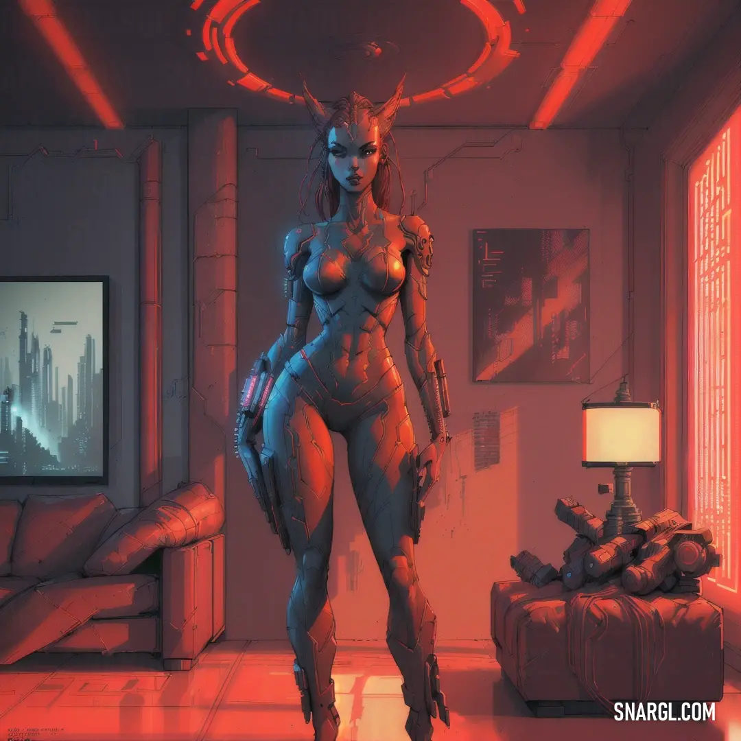 Dark coral color. Woman in a futuristic setting with a sci - fi