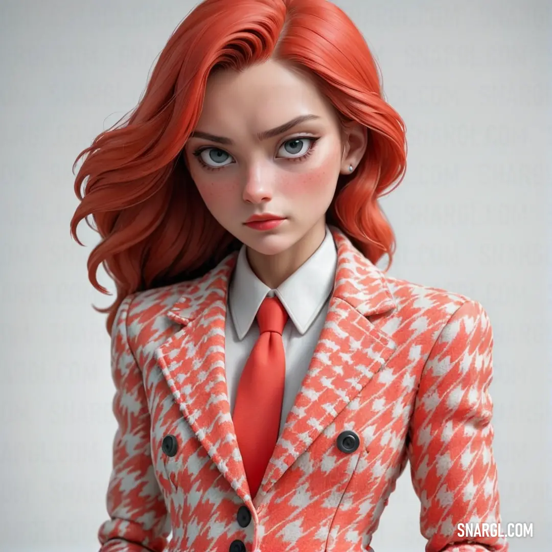 Woman with red hair wearing a suit and tie with a red hair and blue eyes