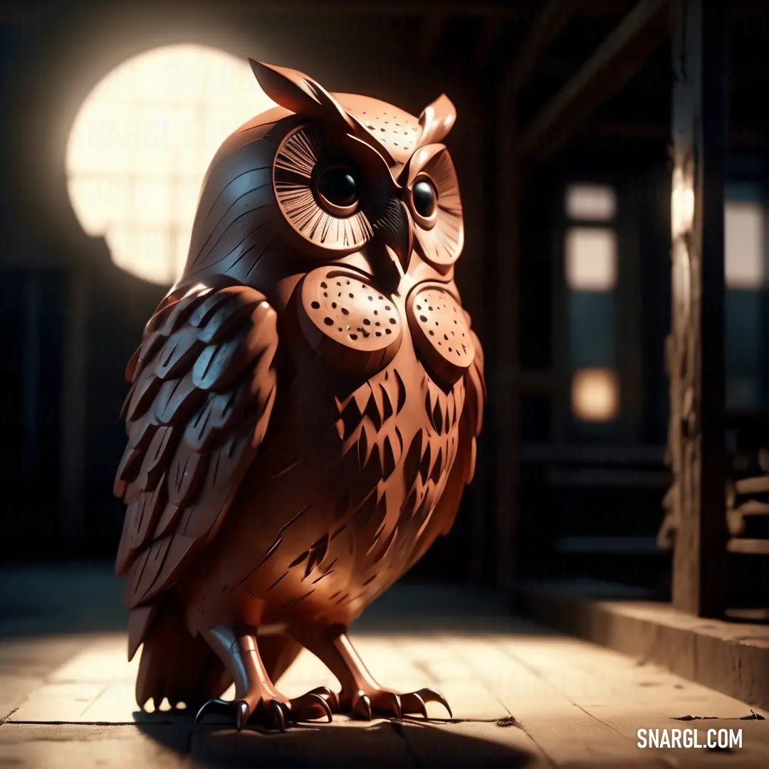 An intricately carved wooden owl statue rests gracefully on a tiled floor, framed by the silvery glow of the moonlight streaming through a nearby window, creating an enchanting display.