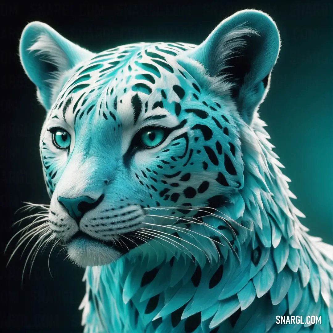 A striking blue and white leopard captures attention against a dramatic black background, exuding elegance and mystery. Its sleek form and piercing gaze command admiration, hinting at the wilderness's raw beauty and intrigue.