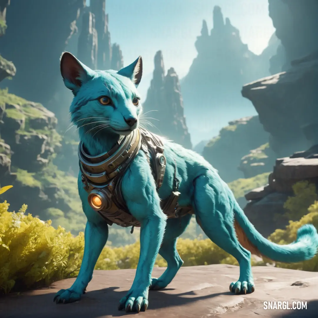 A curious blue cat, adorned with a stylish collar and harness, stands confidently on a rock in a forest clearing overlooking majestic mountains, embodying both adventure and the beauty of nature.