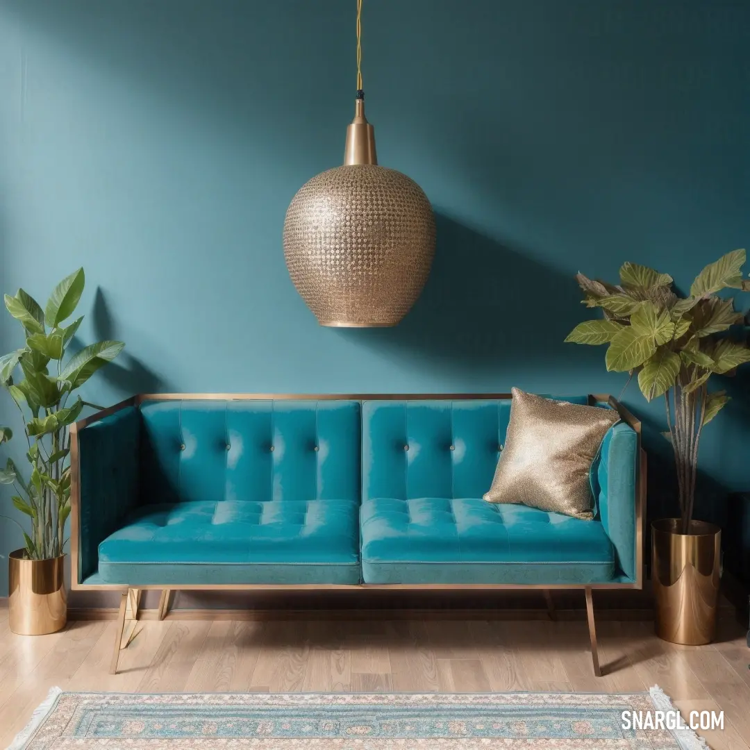 A cozy living room scene showcasing a plush blue couch paired with a intricate rug, illuminated by the warm glow of a golden lamp, against the backdrop of a serene blue wall, creating a perfect balance of comfort and style.