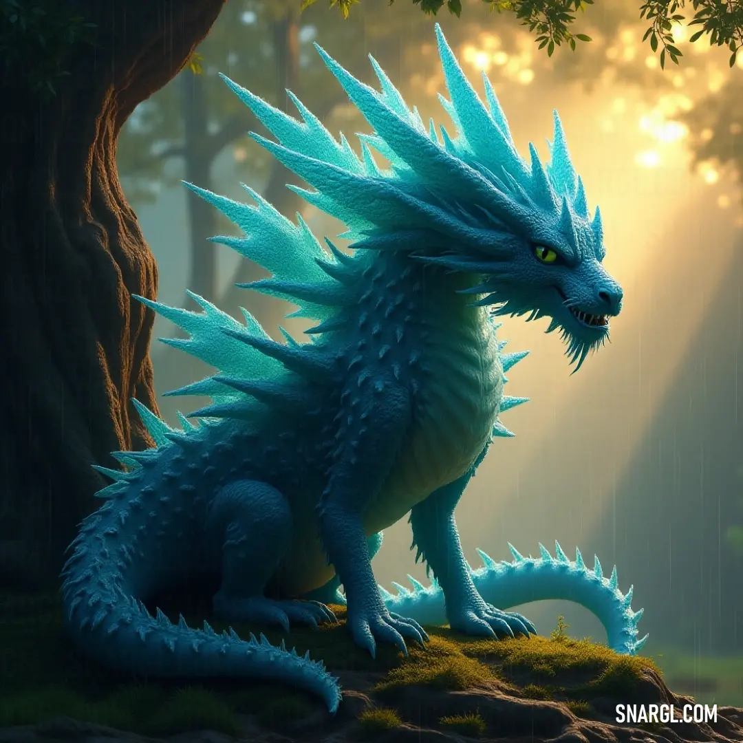 A majestic blue dragon perches on a large rock in a forest, its wings slightly spread. The dragon’s vibrant scales shine against the deep green of the surrounding trees, blending with nature’s beauty.