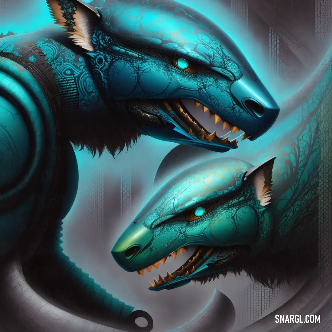 Blue dragon with glowing eyes and a large mouth is shown in this digital painting style image of a blue dragon with glowing eyes