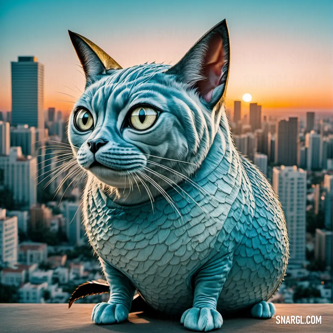 A striking cat statue proudly sits atop a towering building, gazing over a bustling cityscape, embodying a fusion of artistic expression and urban charm against a captivating skyline.