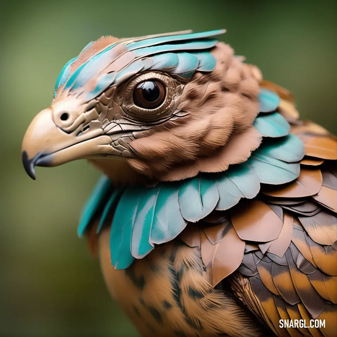 A stunning close-up of a vibrant bird showcasing a mesmerizing blend of blue and brown feathers on its head, perched against a lush green backdrop, radiating the tranquility of nature and the elegance of its plumage.