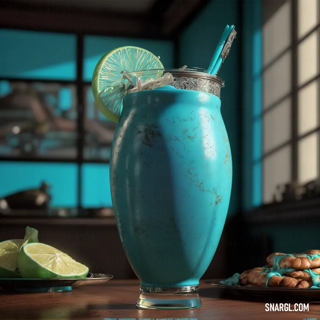 Blue drink with a lime slice in it and a straw in it on a table with cookies and a plate of cookies. Example of RGB 0,139,139 color.