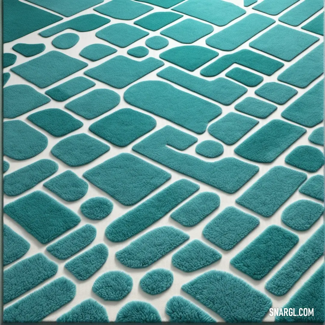 Dark cyan color example: Blue rug with a pattern of squares and circles on it, with a white background