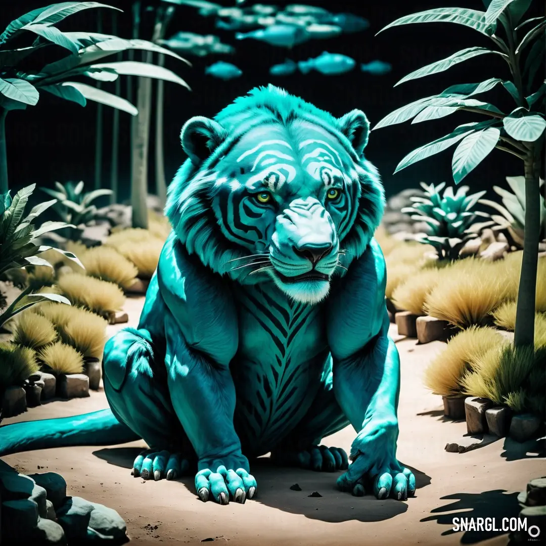 A striking blue tiger poised majestically on a rocky outcrop in a dense jungle, surrounded by lush plants and rugged rocks, creating an aura of mystique and strength in its untamed natural habitat.