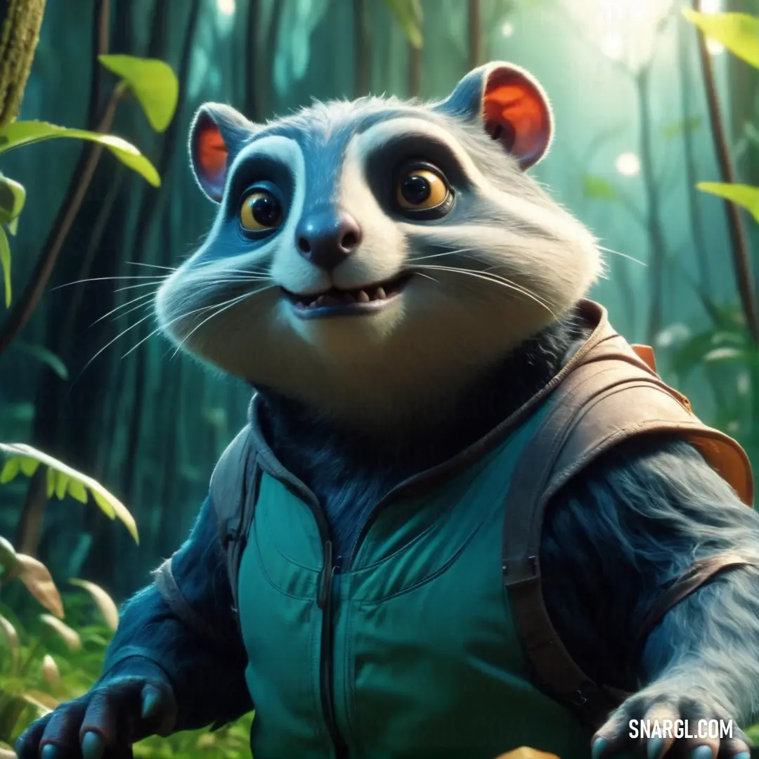 A whimsical cartoon character, cheerful and adventurous, stands in a lush forest, equipped with a backpack brimming with supplies. The vibrant foliage surrounds him, blending hues of dark cyan, creating an inviting and enchanting atmosphere.