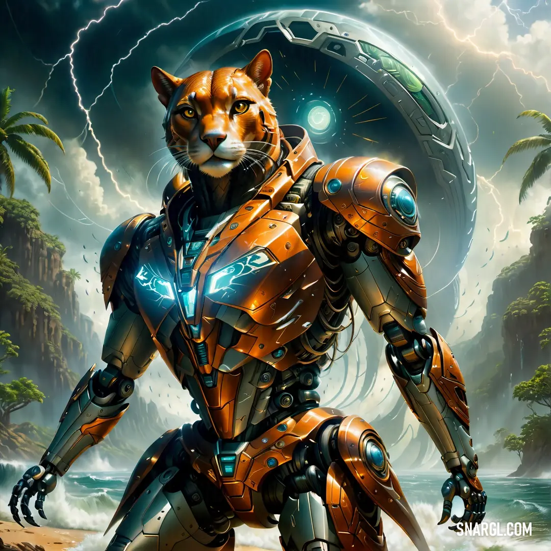 A futuristic cat, clad in a sleek and stylish suit, boldly poses against a dramatic stormy sky where lightning crackles. The fierce yet adorable feline stands ready for adventure, contrasting with the dark ominous backdrop.