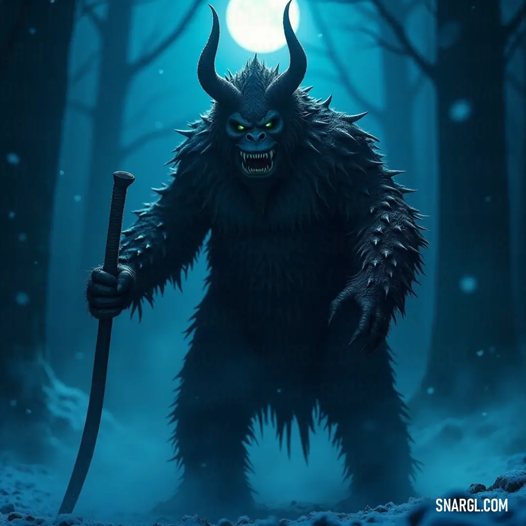 A menacing demon, wielding a staff, stands in a snow-covered forest beneath a glowing full moon. The chilling night air contrasts with the demon’s dark silhouette, casting an eerie presence among the towering trees and shimmering snowflakes.