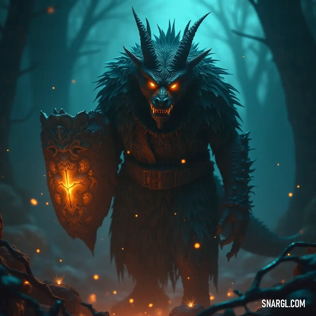 A demonic figure, glowing mask in place, holds a flickering light in the darkness of the forest. His form is barely visible against the dense trees, but the eerie glow of the mask illuminates the haunting surroundings.