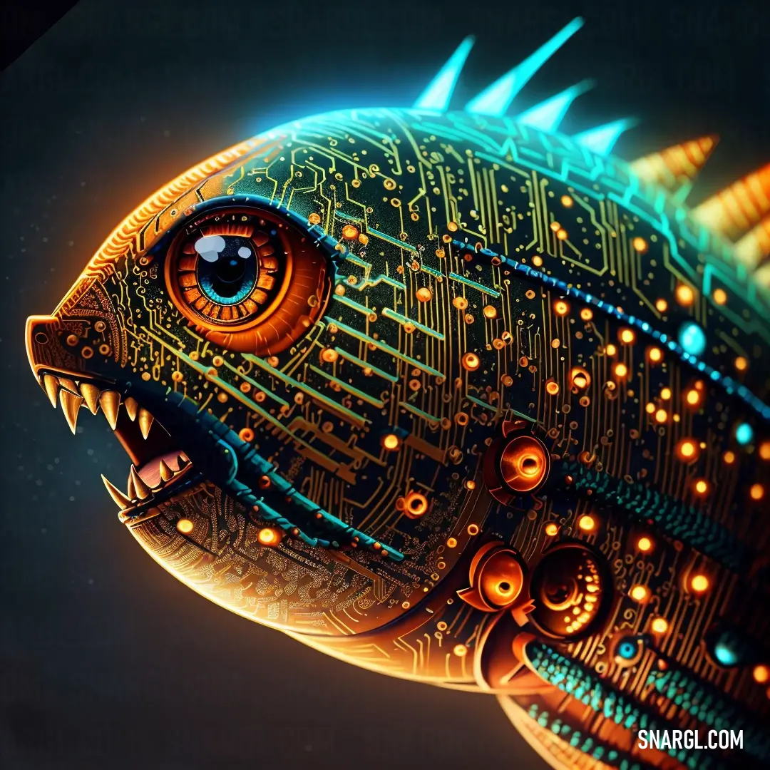 A mesmerizing fish with dark cyan-colored scales, its body adorned with intricate circuit board patterns, its eyes glowing with an intelligent, futuristic light. This creature seems to belong to another world, where technology and nature merge.