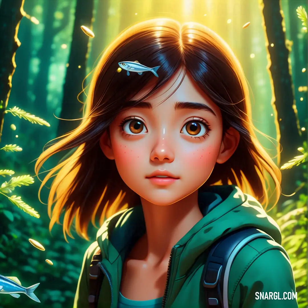 A playful girl in a green jacket stands amidst a serene forest, humorously balancing a fish atop her head. Surrounded by tall trees, she emanates joy and whimsy, capturing the lighthearted essence of childhood exploration.