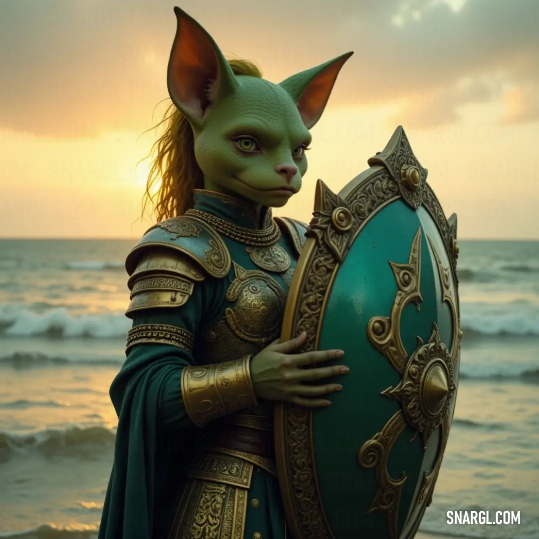 A green creature dressed in an elaborate costume holds a shield on a beach at sunset. The warm hues of the setting sun reflect off the ocean’s waves, creating a surreal contrast to the creature’s vibrant appearance.