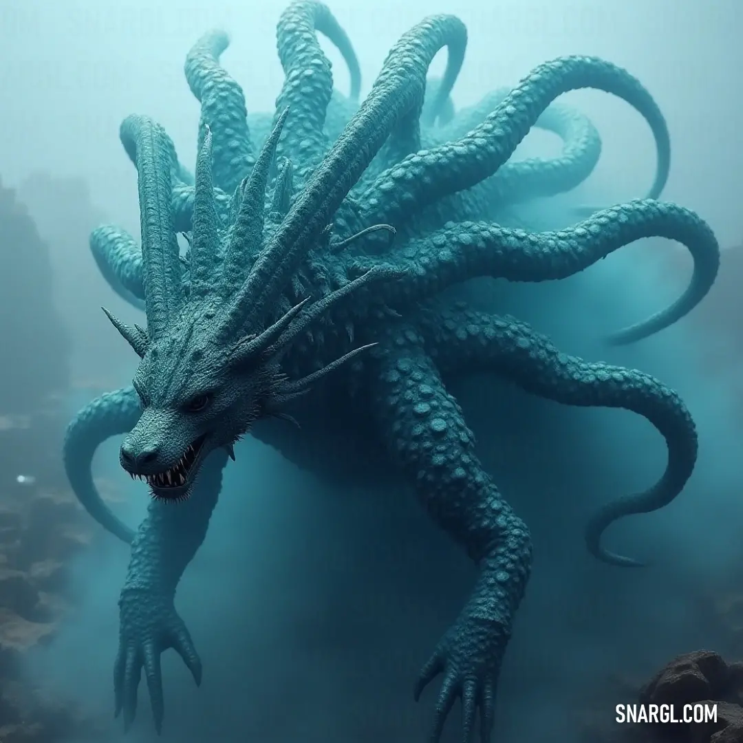 A large, sinister octopus swims through the ocean, its tentacles reaching out as its mouth gapes open. The creature moves with an eerie fluidity, blending into the deep blue waters.