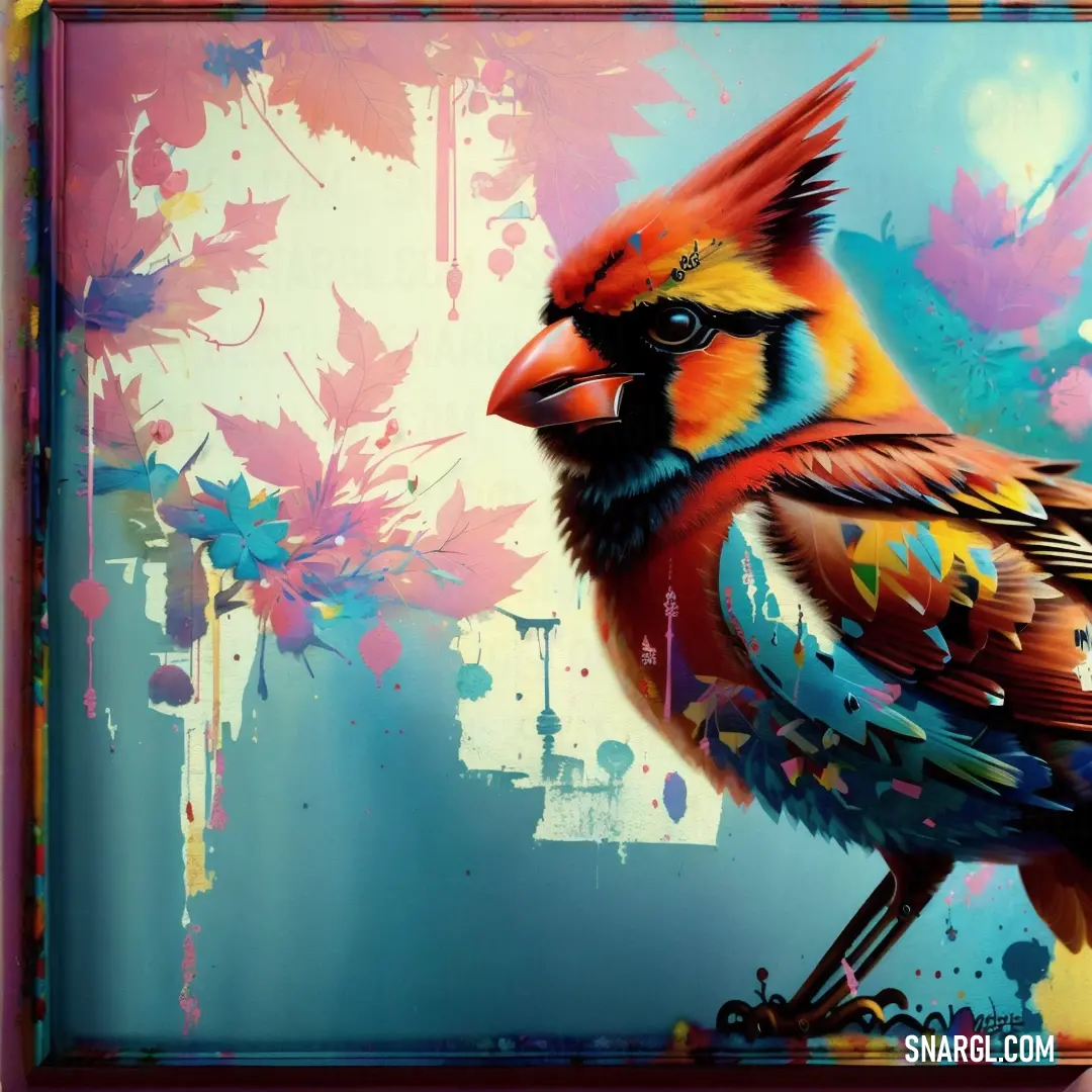 A beautifully detailed painting of a vibrant bird, its plumage in striking shades of yellow and orange, set against a calming blue backdrop. The bird’s vivid colors stand out brilliantly against the serene scene.