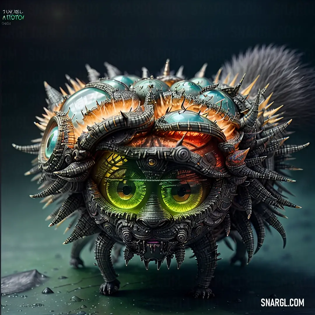 A strange creature with dark cyan skin, adorned with sharp spikes on its head and glowing green eyes, stands against a black backdrop. Its unsettling appearance evokes curiosity and awe, as it seems both alien and intelligent.