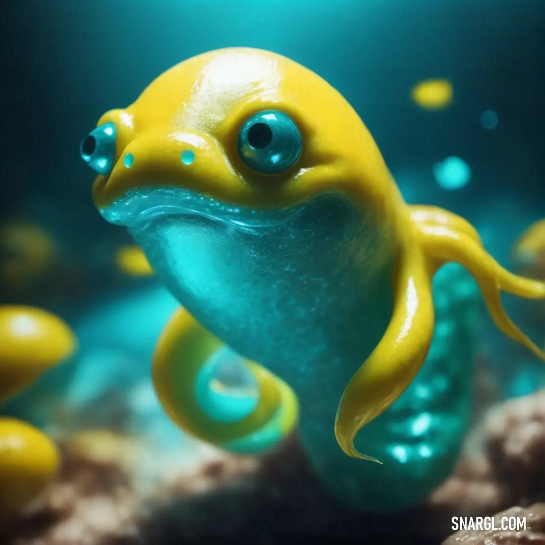 A vivid portrayal of a yellow and blue toy fish swimming gracefully within a vibrant aquarium. Rocks and shimmering water enhance the serene underwater landscape illuminated by gentle light.