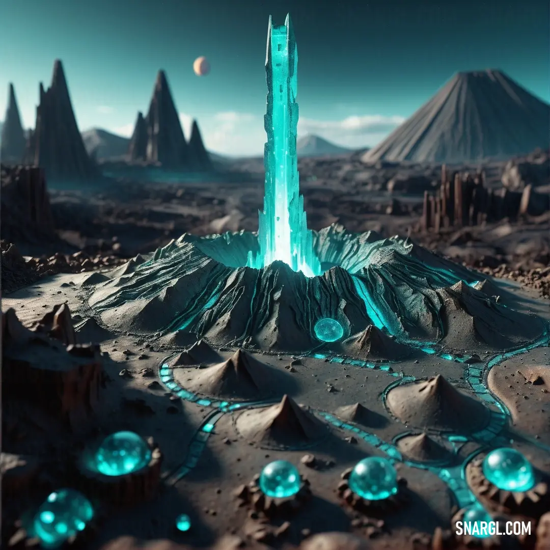 Dark cyan color. Futuristic landscape with a blue tower surrounded by mountains and rocks and a planet in the background