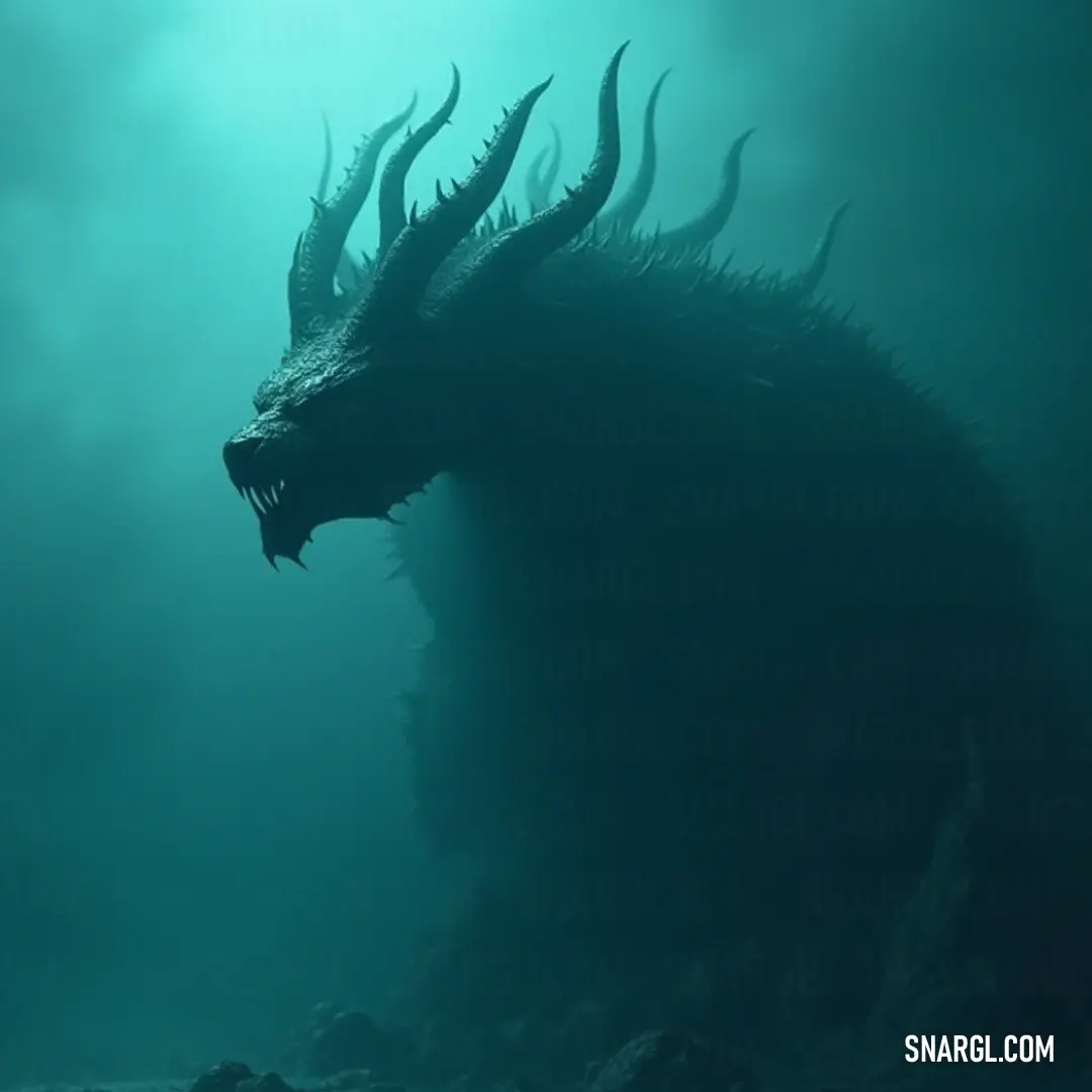 A giant, fearsome creature with massive horns and sharp teeth looms in the water, its body partially submerged beneath the surface. A rocky outcrop rises below, adding to the creature’s intimidating presence.