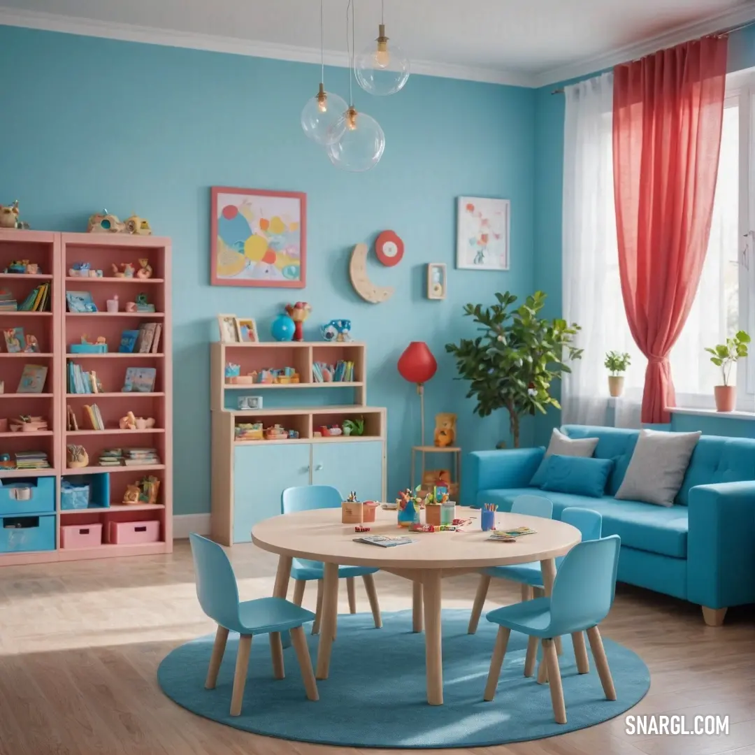 A cozy living room featuring a vibrant blue couch accompanied by a stylish table surrounded by chairs. Warm light illuminates the space, showcasing a harmonious blend of colors with CMYK 100,0,0,45 accents.