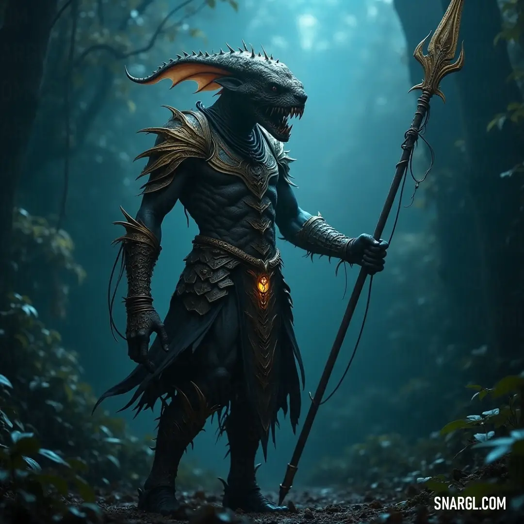 A man stands in a dark forest holding a glowing spear, his demon-like face bathed in an otherworldly light. The eerie glow contrasts with the shadows of the trees surrounding him.