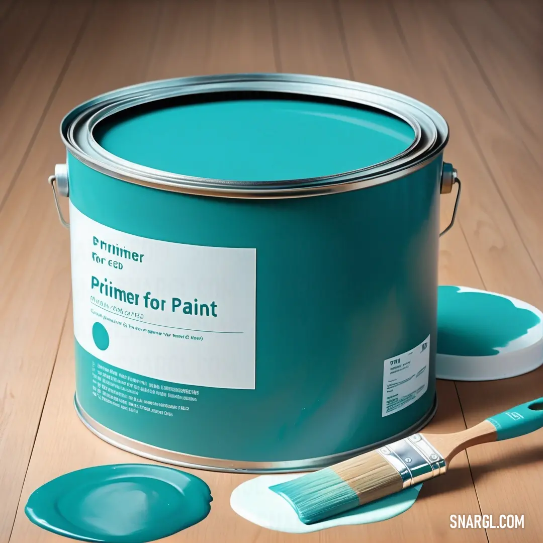 Paint can with a brush next to it on a wooden floor. Color RGB 0,139,139.