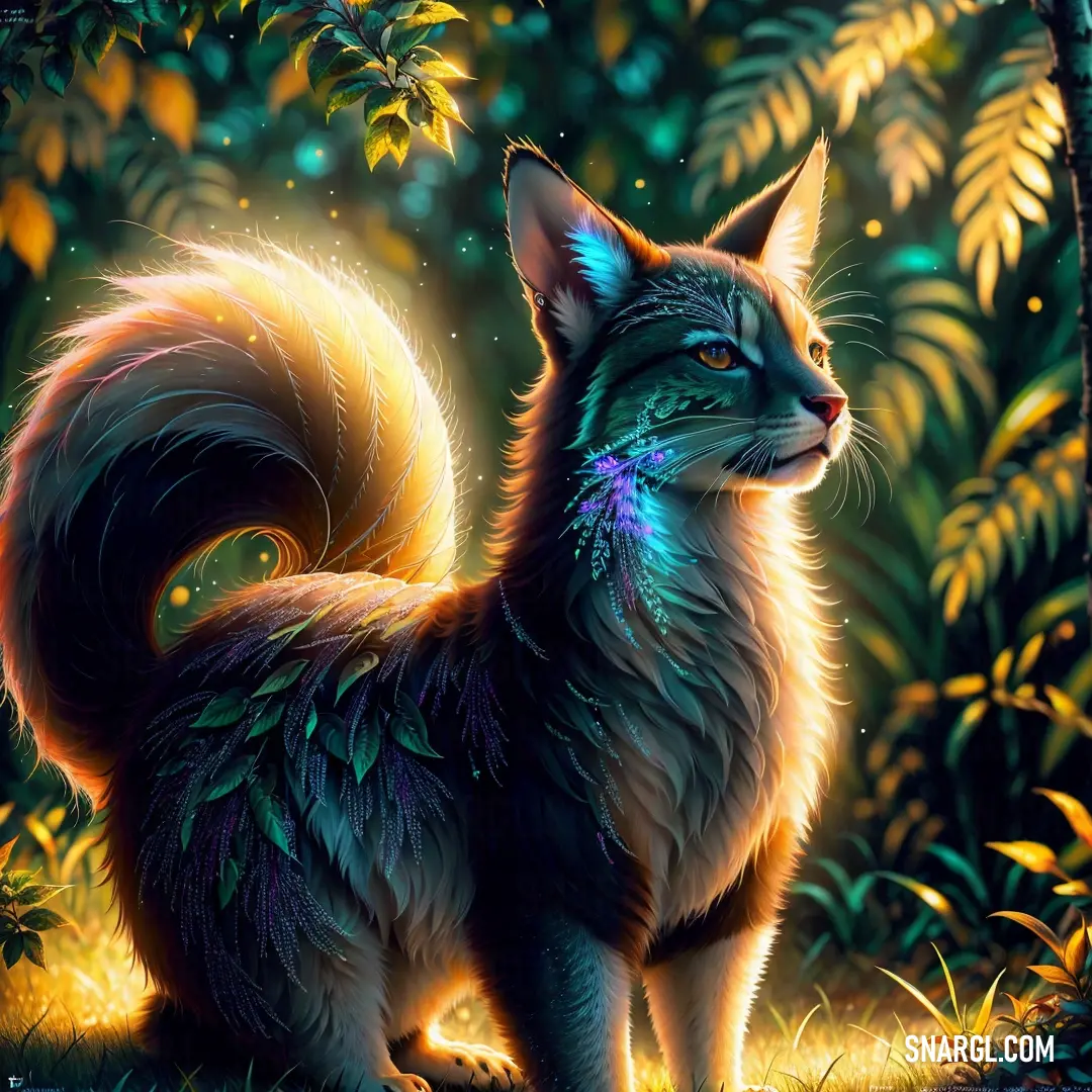 A breathtaking painting of a mystical cat wandering through a serene forest, adorned with vibrant leaves on its legs and a glowing tail, showcasing an enchanting blend of colors that invites imagination and wonder.