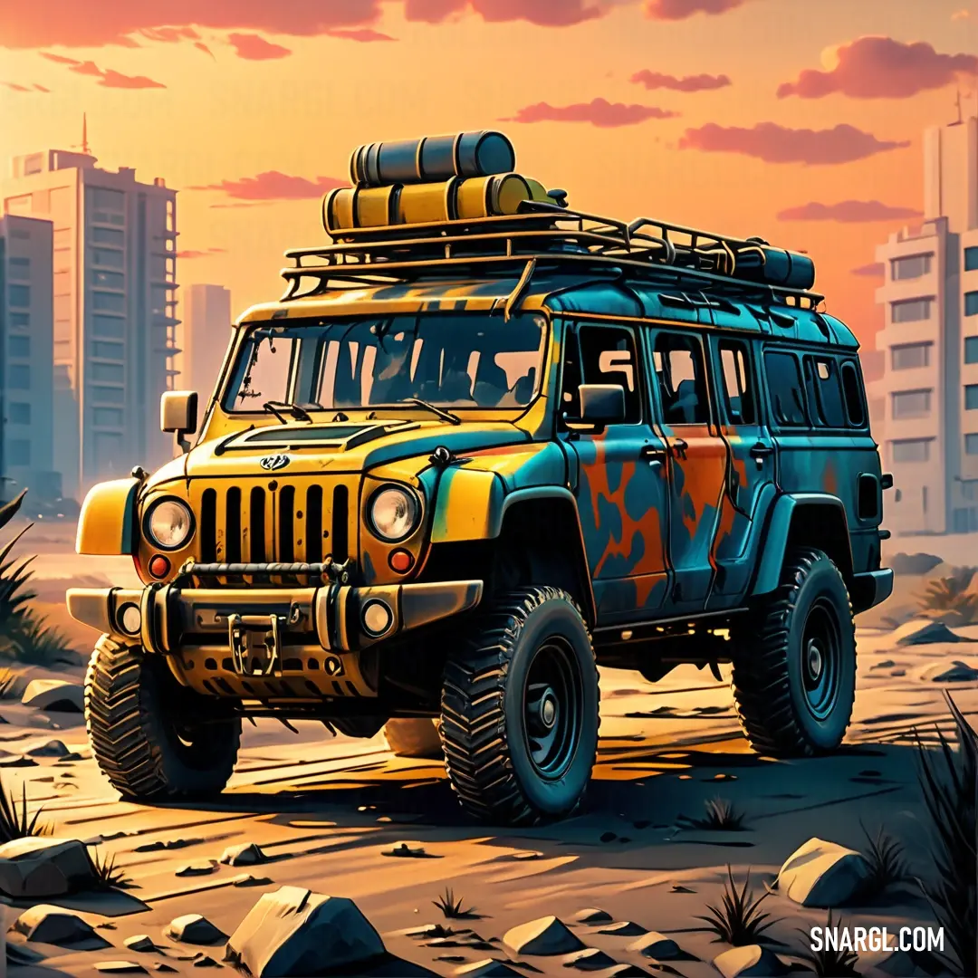 A vintage jeep, adorned with a surfboard atop its roof, basks in the golden desert sun, framed by tall buildings in the distance, encapsulating a carefree spirit of adventure and exploration.