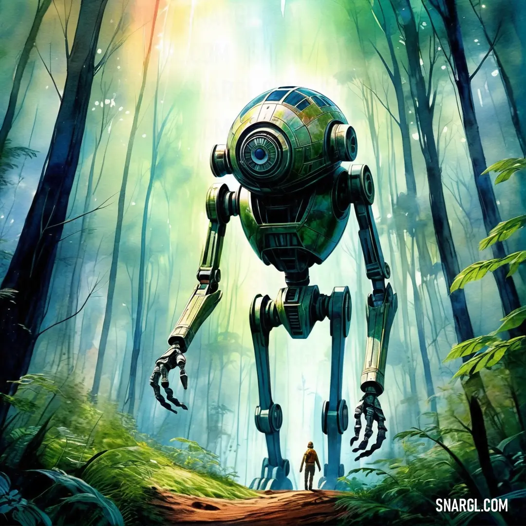 A robotic figure navigates through an enchanting forest, accompanied by a curious person marveling at its techy features. The pair shares an adventurous moment on a dirt road, showcasing a captivating blend of nature and innovation.