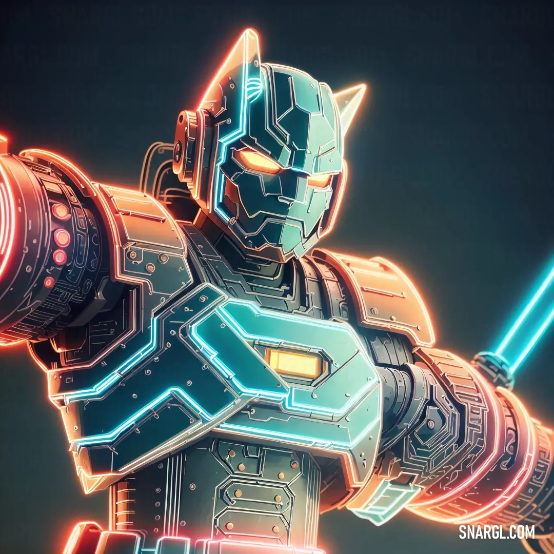 A robot with a glowing arm and head wields a light saber, standing tall in an intense, futuristic environment. The bright lights contrast with its metallic, sleek body.