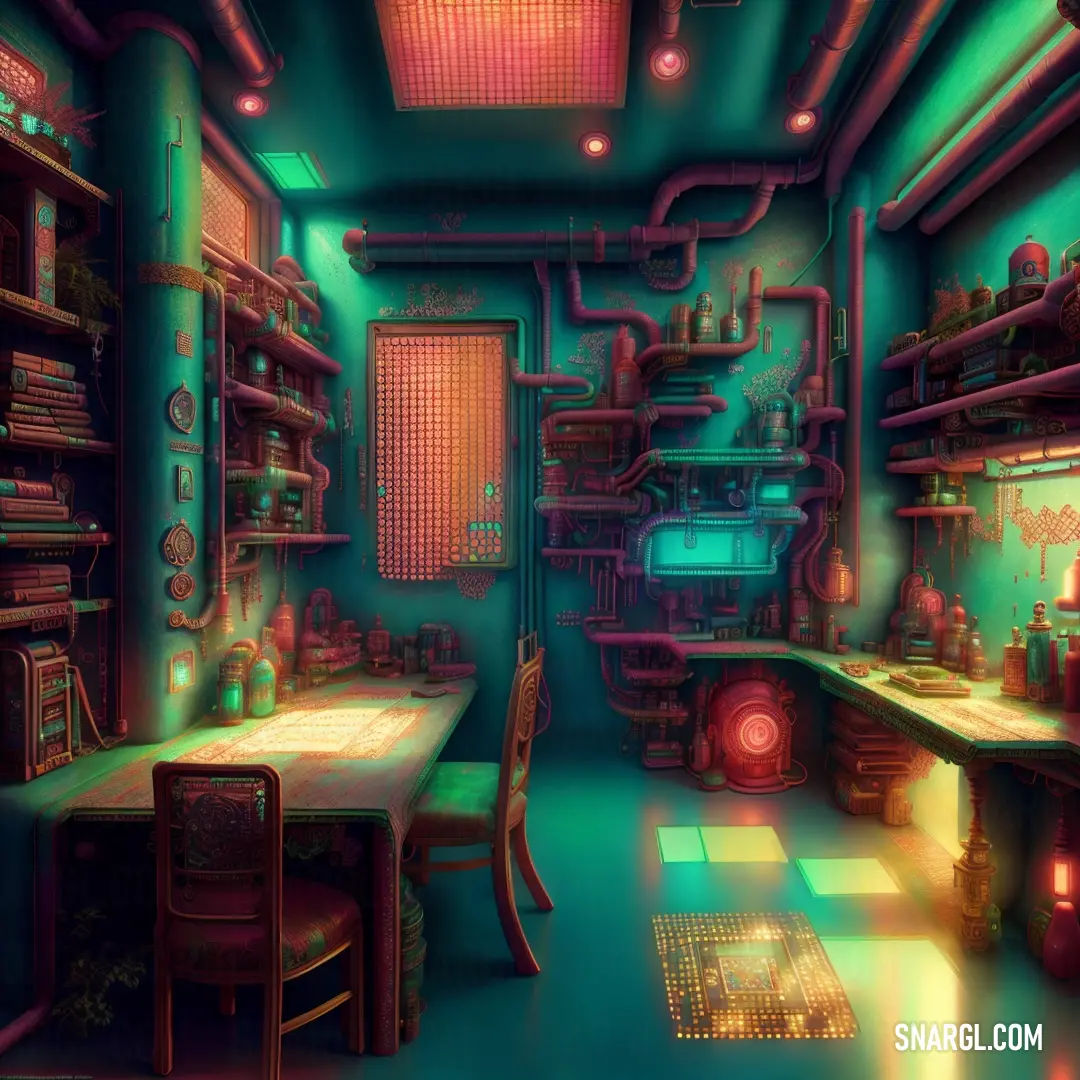 A spacious room featuring a large wooden table surrounded by shelves filled with various items. On the wall, more shelves hold decorative objects, and a comfortable chair is placed by the table. The deep, dark cyan color of the room gives it a calm and co