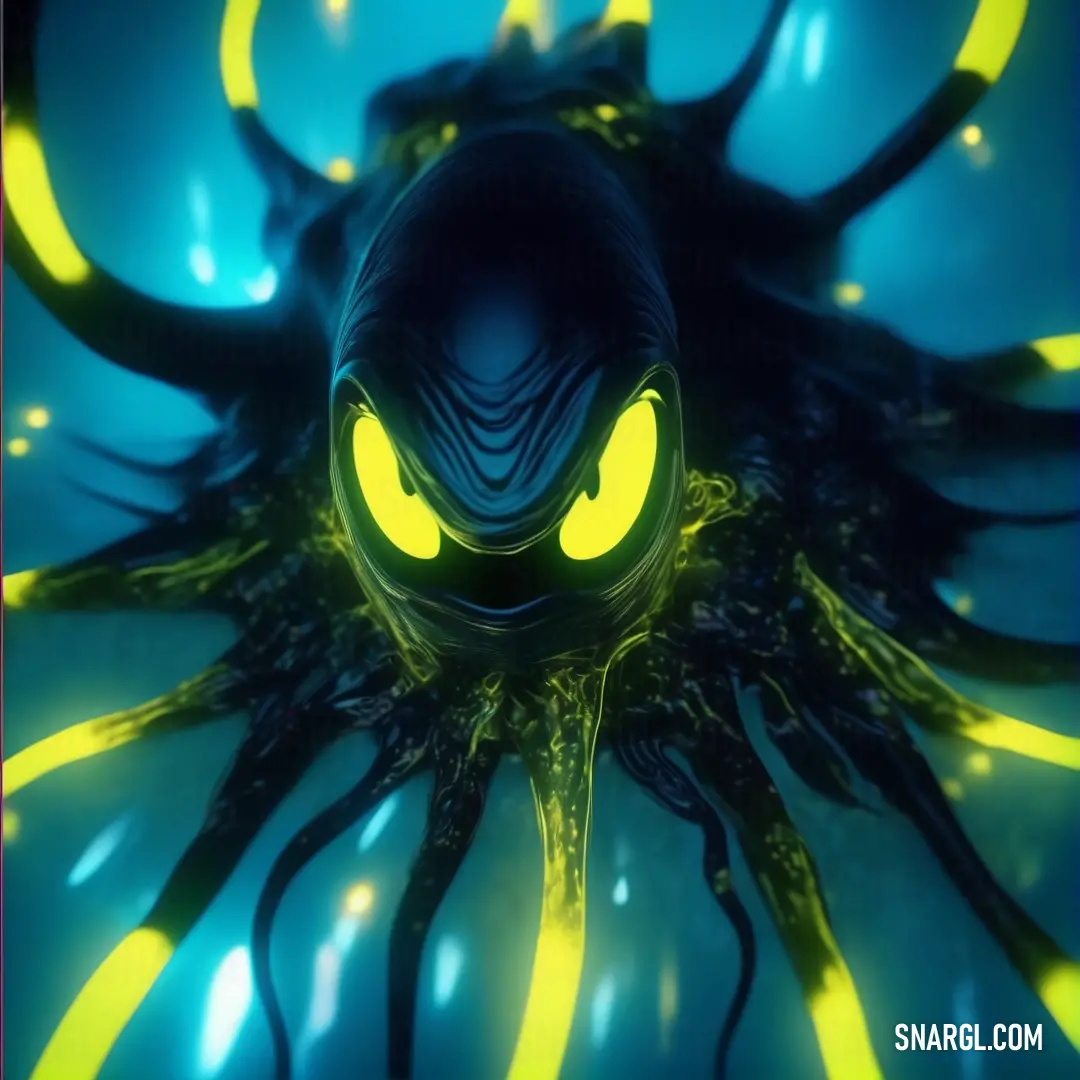 An eerie alien figure with glowing yellow eyes stands against a deep blue background. Its strange, otherworldly features create a surreal and captivating scene. The bright eyes and dark cyan tones enhance the mysterious ambiance.