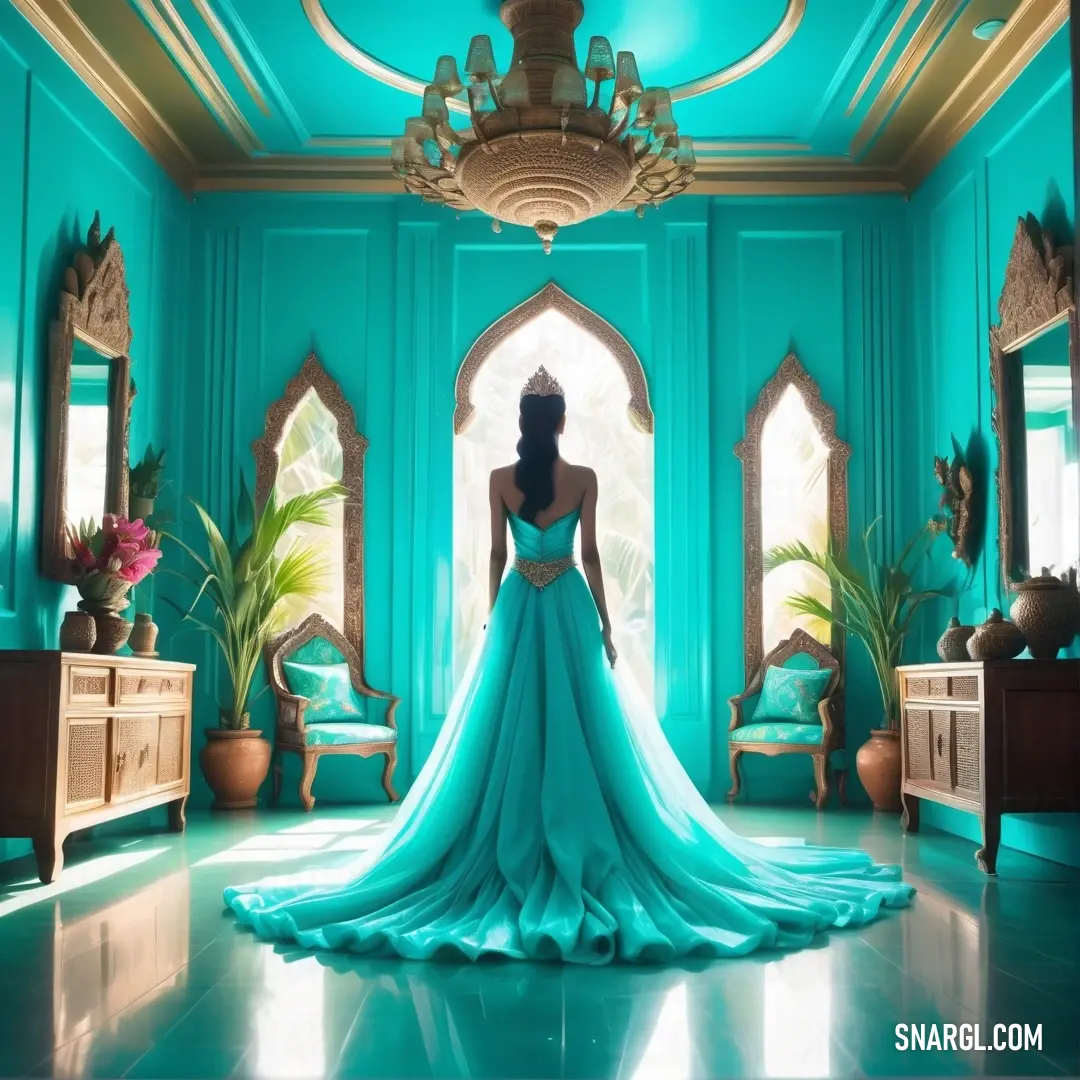 A woman dressed in a flowing blue gown stands gracefully in a room adorned with a beautiful chandelier and a large mirror. The deep dark cyan hue of her dress contrasts with the elegant, timeless setting, adding sophistication to the space.